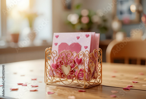 Romantic cards in an ornate gold holder on wooden table.