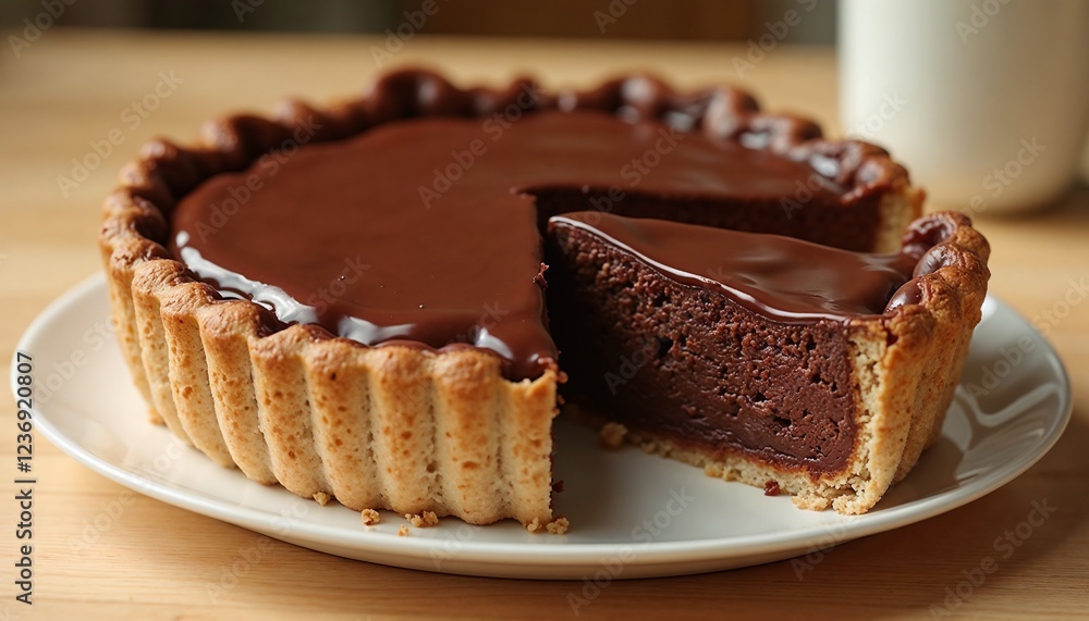 Delicious chocolate tart with a slice removed on a wooden table Delicious chocolate tart with a slice removed on a wooden table