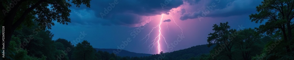 Stormy clouds and lightning illuminate a dark forest, leaves, elements Stormy clouds and lightning illuminate a dark forest, leaves, elements
