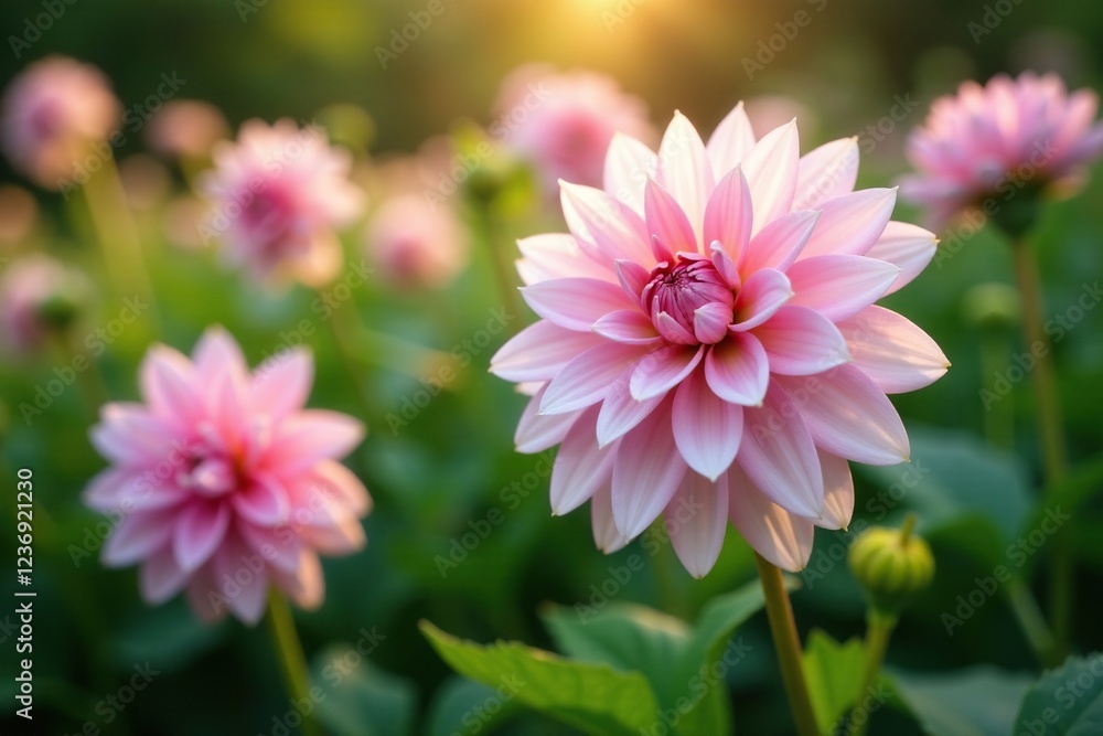 Fototapeta premium Soft pink and white dahlia blooms in lush surroundings, flowers, leaves, botanical