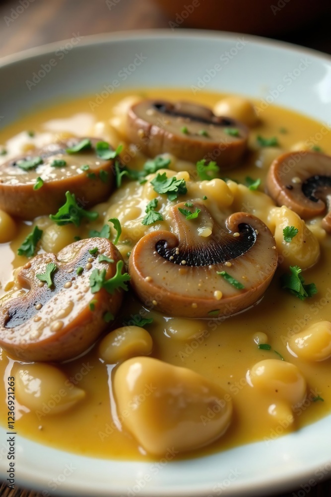 Veal and mushroom in a creamy, comforting sauce, white sauce, comforting, tender Veal and mushroom in a creamy, comforting sauce, white sauce, comforting, tender