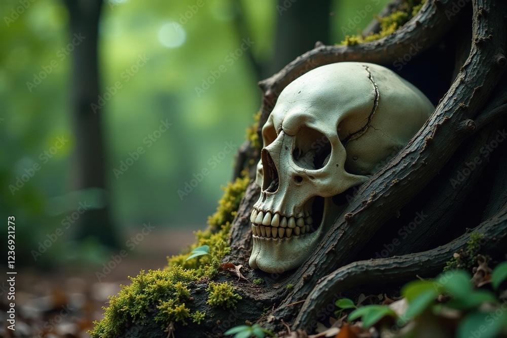 Twisted tree branches entwined around a skull, skeleton, foliage, nature Twisted tree branches entwined around a skull, skeleton, foliage, nature