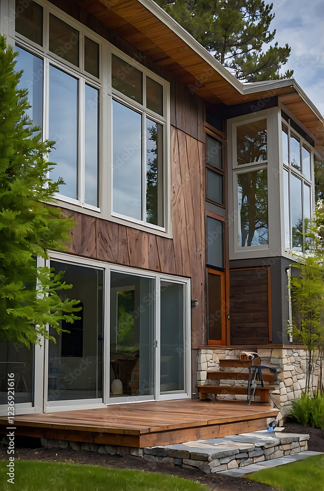 Modern Architectural Design: Luxurious House Exterior with Wooden Facade and Stone Details Modern Architectural Design: Luxurious House Exterior with Wooden Facade and Stone Details