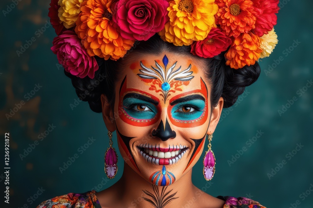 a woman with colorful makeup and a skull headdress a woman with colorful makeup and a skull headdress