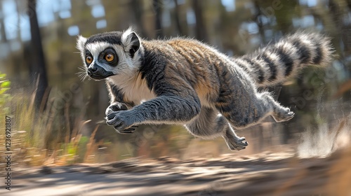 Ring-tailed lemur leaps through forest path photo