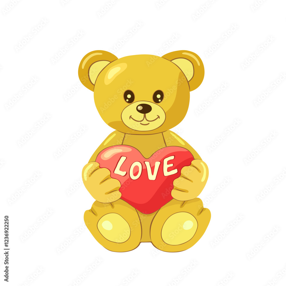 Obraz premium A cute light brown teddy bear with a heart that says LOVE in English on a white isolated square background. A greeting card. Individual elements and stickers. Vector illustration. Valentine card.