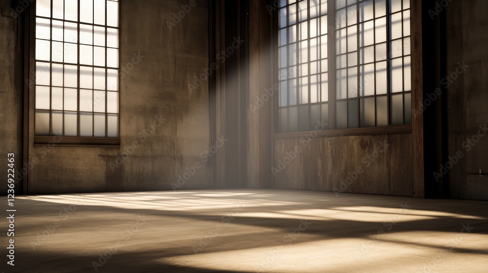 Sunlight streaming through large windows in an empty industrial space, creating dramatic shadows Sunlight streaming through large windows in an empty industrial space, creating dramatic shadows