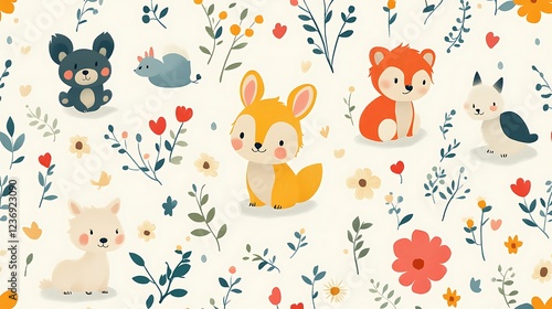 Adorable animal illustration with floral background.