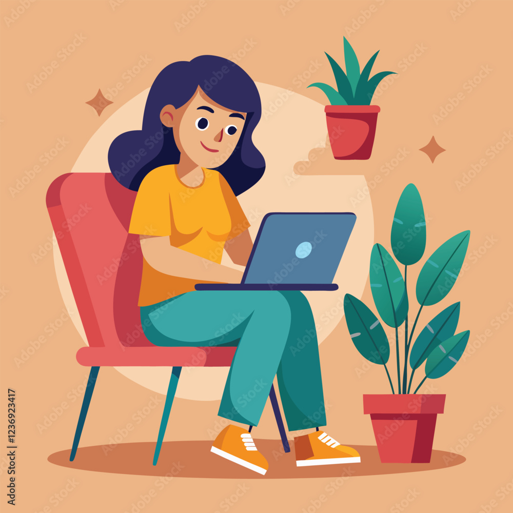 a girl is using his laptop vector a girl is using his laptop vector
