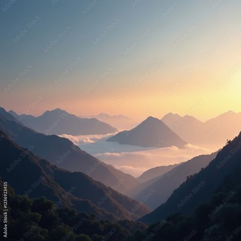 Mountain peaks shrouded in mist, slowly revealing sunrise, mountains, tranquil Mountain peaks shrouded in mist, slowly revealing sunrise, mountains, tranquil