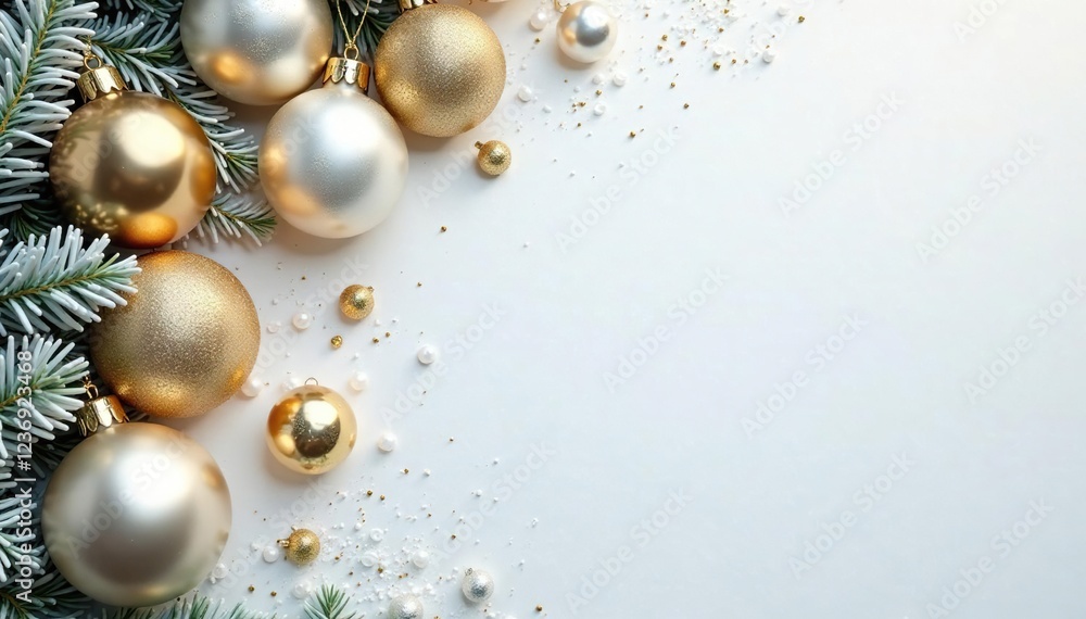 Ornate gold and silver ornaments scattered on a frosty white background, frosty, white, festive Ornate gold and silver ornaments scattered on a frosty white background, frosty, white, festive