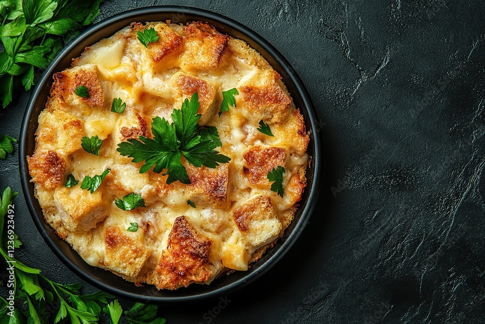 Bread pudding with cheddar cheese and garlic on a dark background, top view. Bread pudding with cheddar cheese and garlic on a dark background, top view.