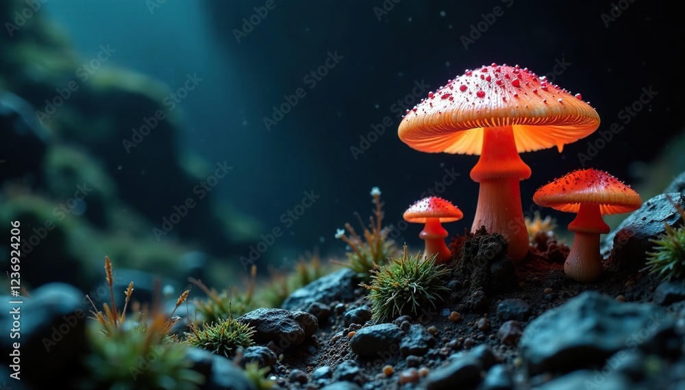Fototapeta premium Mysterious skull-shaped mushrooms growing in a dark mountain cave, mysterious, damp