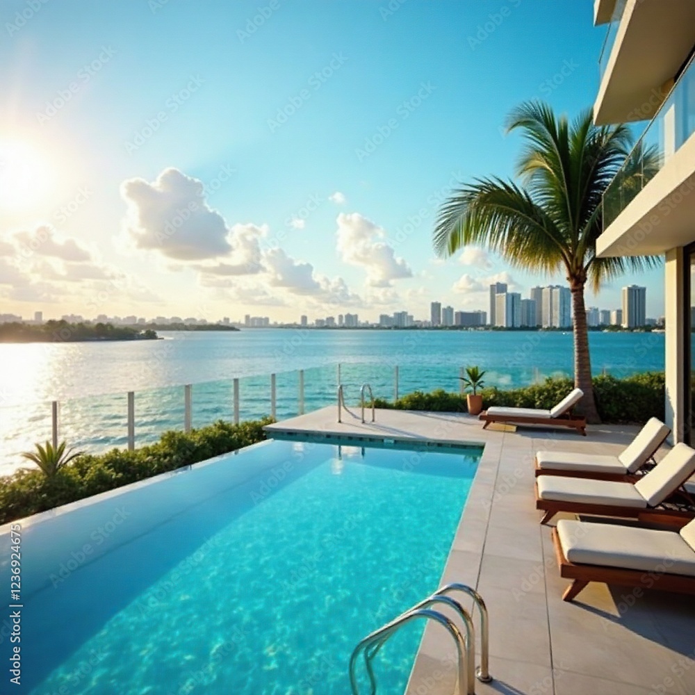 Fototapeta premium Luxury apartments with a rooftop pool overlooking the Miami Bay, bay, Miami