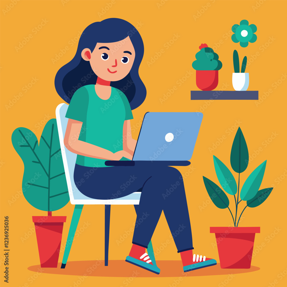 a girl is using his laptop vector a girl is using his laptop vector