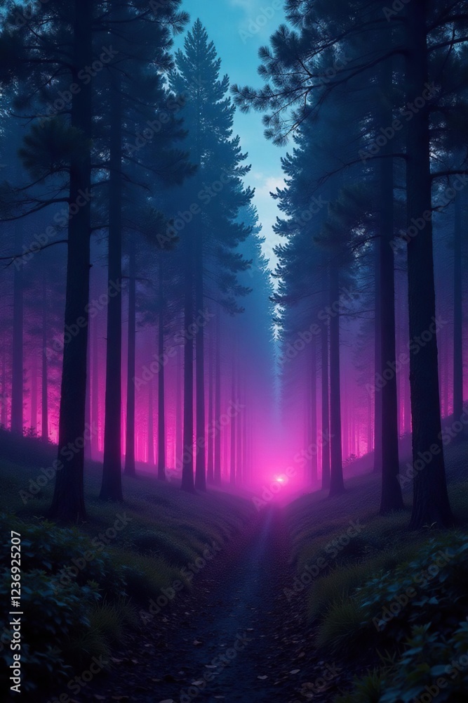 Obraz premium Neon forest at dawn with misty atmosphere and glowing trees, glowing trees, luminescent forest, dawn