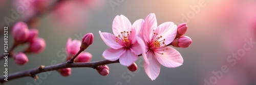 Pastel pink petals unfurl on a delicate branch, spring flowers, gentle, soothing