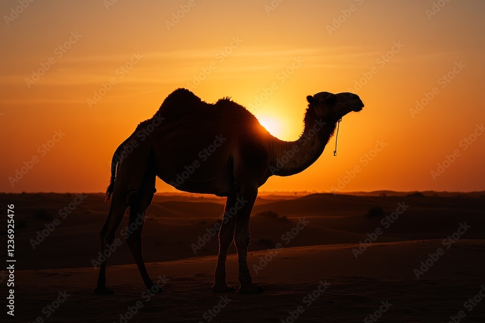 Majestic camel silhouette at sunset casting shadows across the stunning desert landscape Majestic camel silhouette at sunset casting shadows across the stunning desert landscape