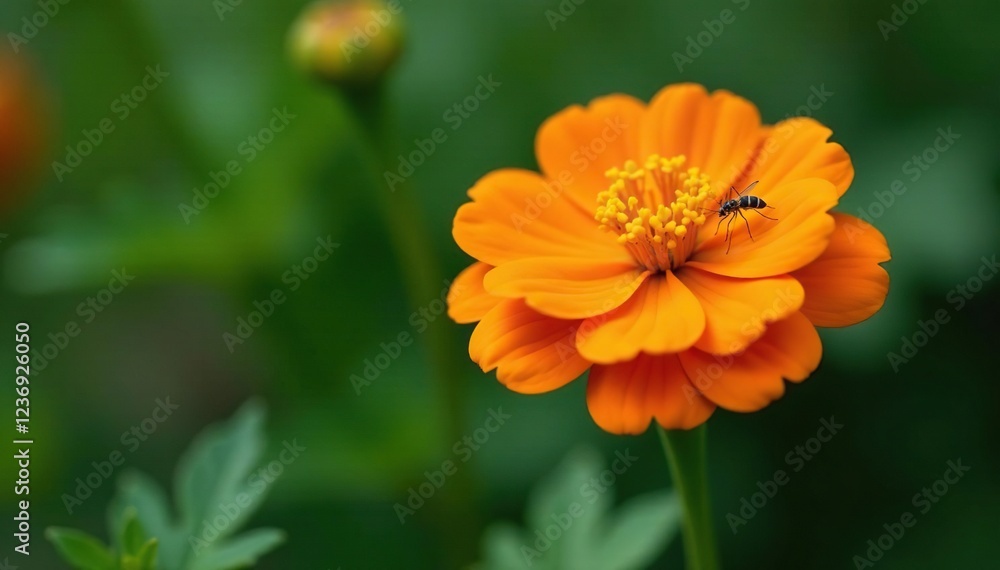 delicate French marigold stem with small orange marigold blooms and a few mosquitoes feeding on nectar, plant life, garden delicate French marigold stem with small orange marigold blooms and a few mosquitoes feeding on nectar, plant life, garden