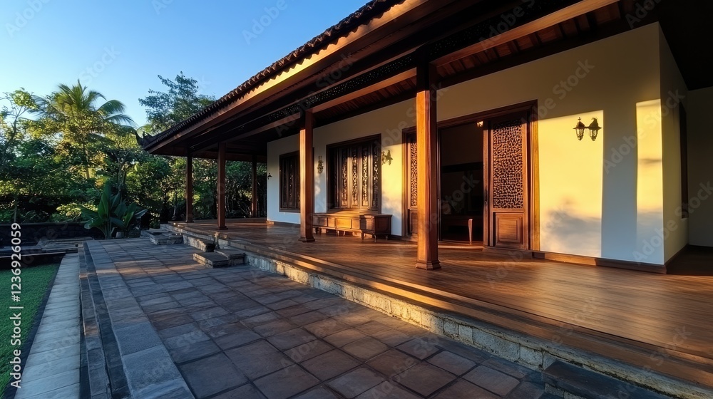 Serene Tropical Villa at Sunset: Balinese Architecture and Tranquil Garden Serene Tropical Villa at Sunset: Balinese Architecture and Tranquil Garden