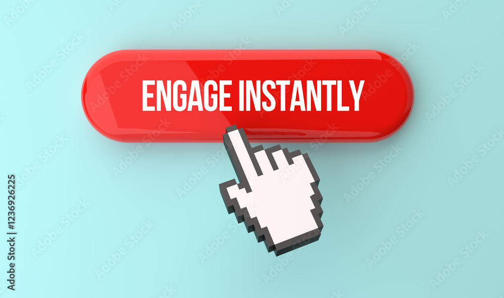 Engage instantly banner on top of the web button. Pixel click hand and internet advertising concept. 3D rendering Engage instantly banner on top of the web button. Pixel click hand and internet advertising concept. 3D rendering