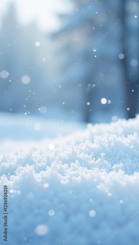 Fototapeta premium Snowflakes gently falling on a blanket of untouched snow, serene scene, whiteout