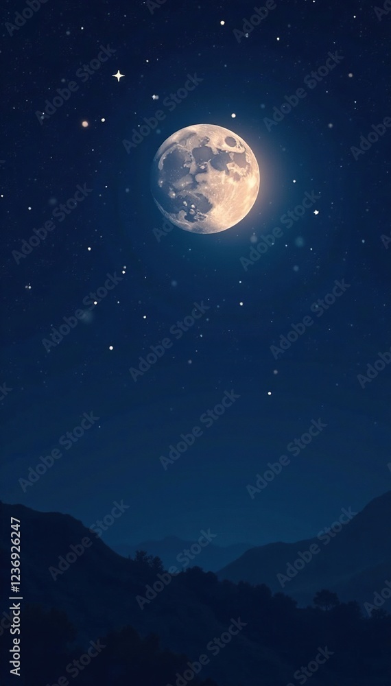 Softly glowing stars and moon in a dark blue night, glow, radiant Softly glowing stars and moon in a dark blue night, glow, radiant