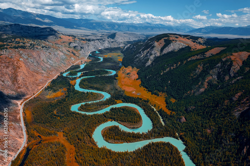 Fototapeta Naklejka Na Ścianę i Meble -  Beautiful aerial landscape winding river meander in mountains with forest trees with sunlight, Altai Russia, top view