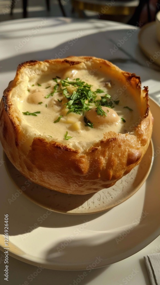 A creamy clam chowder served in a bread bowl with parsley on top, vertical, soft sunlight A creamy clam chowder served in a bread bowl with parsley on top, vertical, soft sunlight