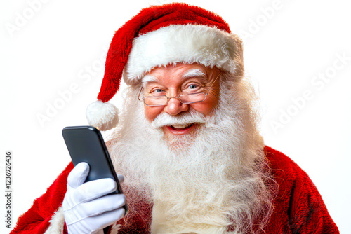 Smiling Santa Claus holding a cell phone in his hand. White background, hyper realistic 