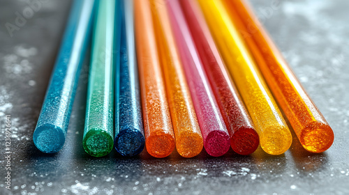 Colorful glitter glue sticks on gray surface, craft supplies, close-up photo