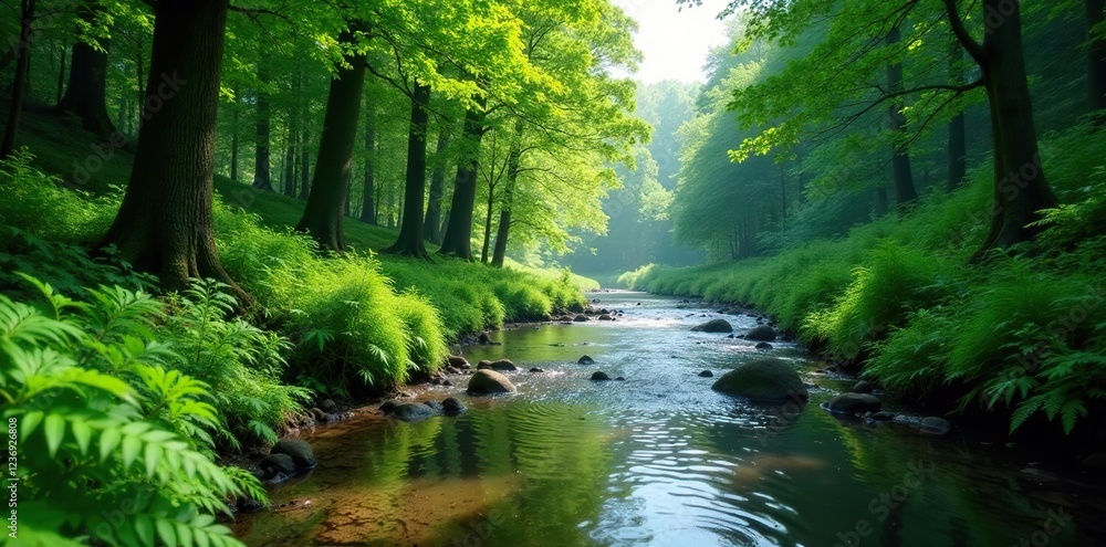 Riverbank covered with lush greenery and ferns, forest, trees Riverbank covered with lush greenery and ferns, forest, trees