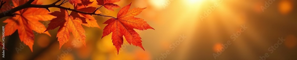 Obraz premium The gentle rustling of autumn leaves on a maple tree branch in the morning light, golden light, autumn leaves