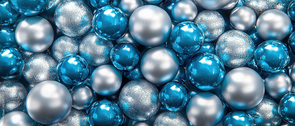 Cluster of metallic blue and silver spheres reflecting light Cluster of metallic blue and silver spheres reflecting light