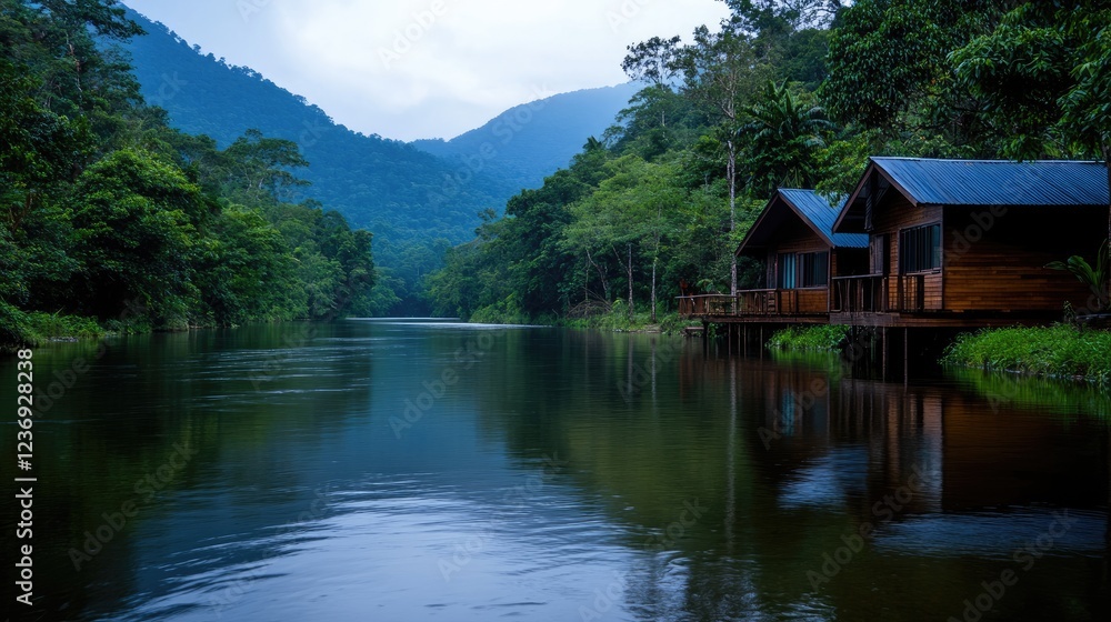 Tranquil River Houses nestled in Lush Mountains Tranquil River Houses nestled in Lush Mountains
