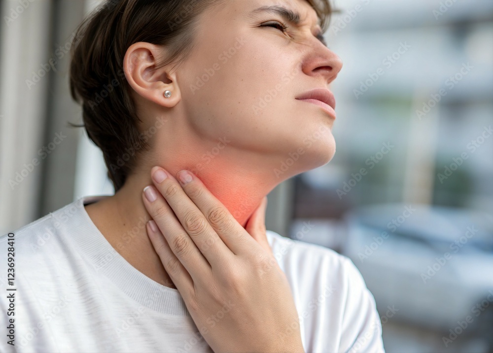 A woman shows signs of discomfort as she touches her throat, indicating potential soreness or irritation. Natural light floods the room, emphasizing her expression. AI A woman shows signs of discomfort as she touches her throat, indicating potential soreness or irritation. Natural light floods the room, emphasizing her expression. AI