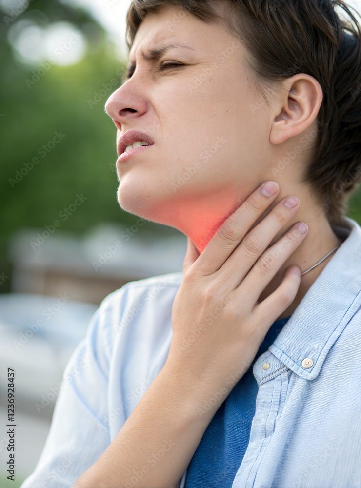 Woman experiencing discomfort while holding her throat indoors during daylight. Generative AI Woman experiencing discomfort while holding her throat indoors during daylight. Generative AI