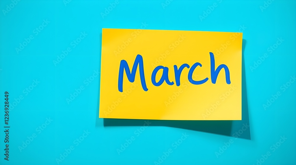 stock photo, bird’s eye view, soft pastel colors, volumetric lighting, yellow sticky note with blue ink March text, slightly tilted, bright blue background, stock photo, bird’s eye view, soft pastel colors, volumetric lighting, yellow sticky note with blue ink March text, slightly tilted, bright blue background,