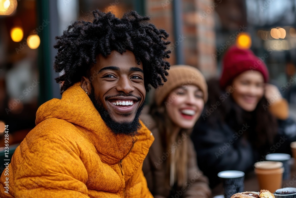 Fototapeta premium Smiling young african male with friends outdoors in warm winter clothing.