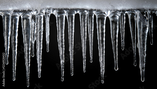 near up of icicles isolated on black background