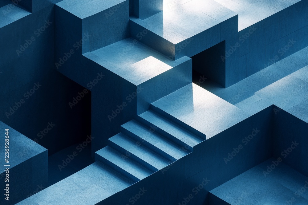 Cinematic minimalist cubist illustration of blue building blocks in isometric view with lighting Cinematic minimalist cubist illustration of blue building blocks in isometric view with lighting
