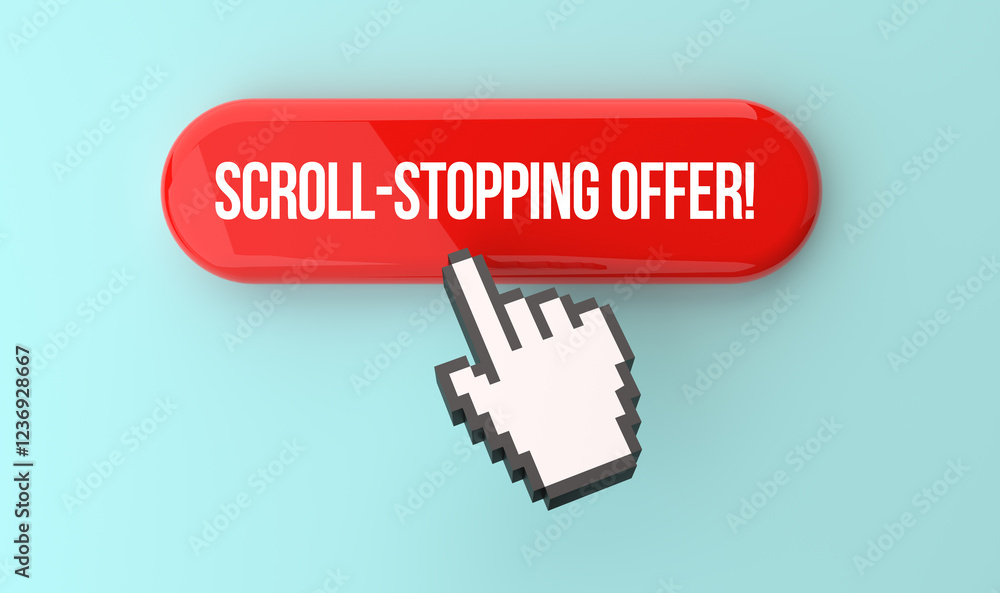 Scroll-stopping offer! on top of the web button. Pixel click hand and internet advertising concept. 3D rendering