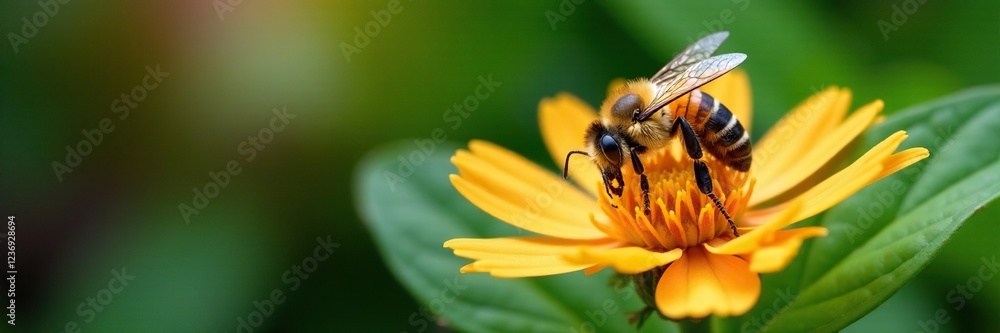A bee collecting pollen from a flower on a leaf, nature, colors, pollination A bee collecting pollen from a flower on a leaf, nature, colors, pollination