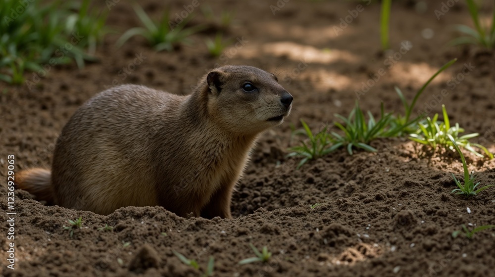 Small mammal sitting quietly on sandy ground surrounded by greenery in natural habitat