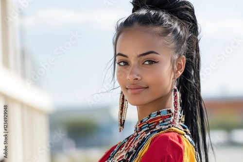 Young hispanic female in vibrant traditional attire with beaded earrings. photo