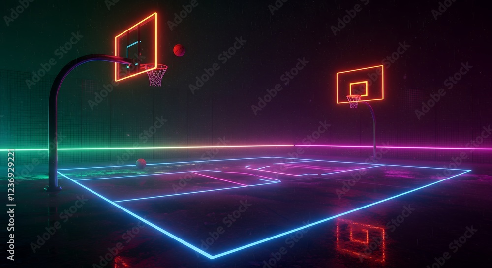 Fototapeta premium Neon Basketball Court 3d Render Vibrant Night Game