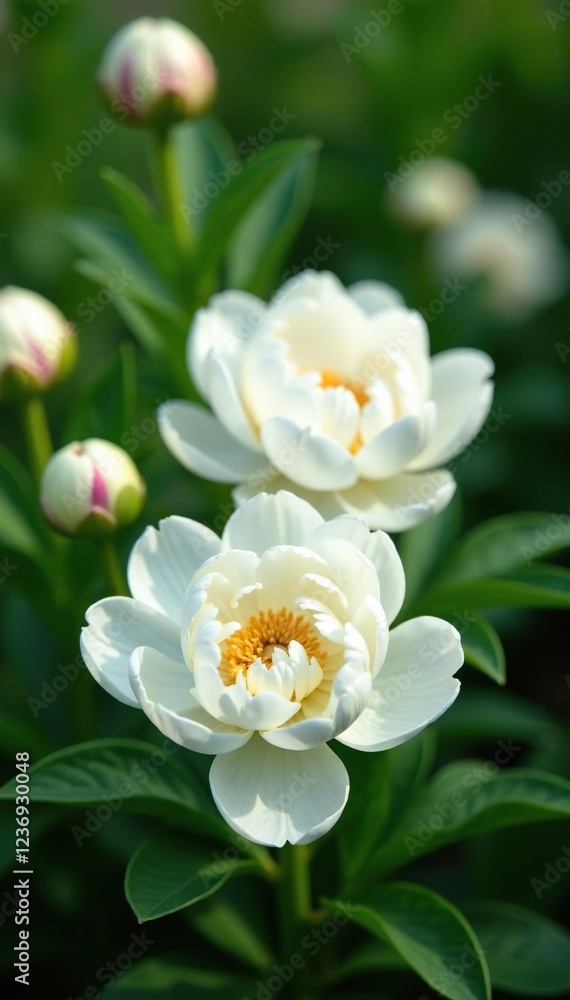 Obraz premium Large white peony flowers blooming in a garden, bloom, greenery