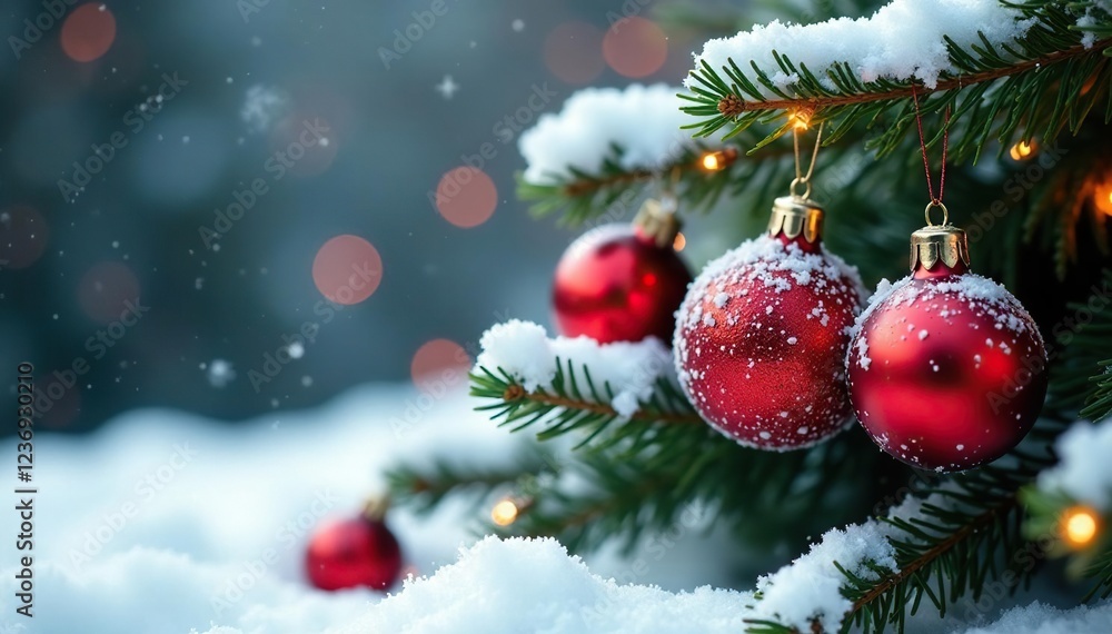 Snowy ornaments with red glass beads on fir branches, holiday, , snow covered Snowy ornaments with red glass beads on fir branches, holiday, , snow covered
