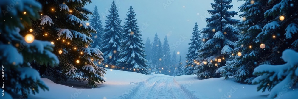 Fototapeta premium Snowy forest with tall green trees and twinkling lights, snow, evergreen, holiday