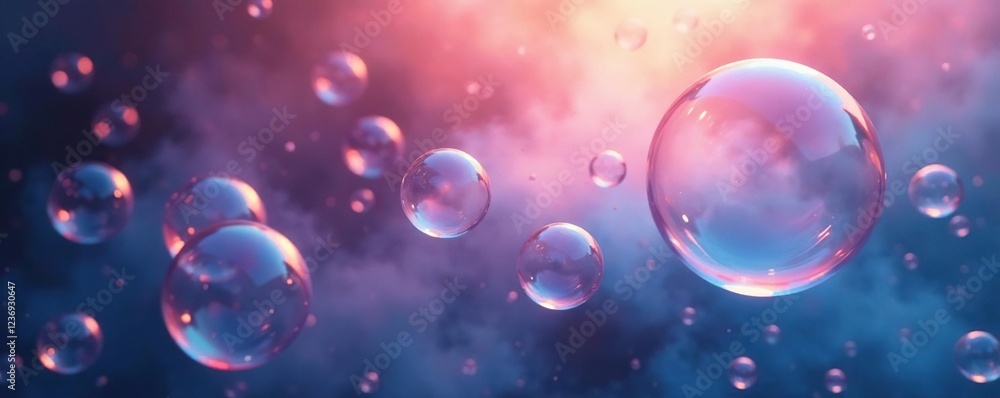 Iridescent bubbles suspended in a foggy environment, whimsical, soothing Iridescent bubbles suspended in a foggy environment, whimsical, soothing